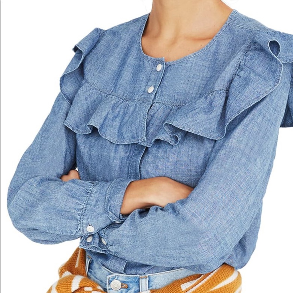 Madewell Blue Chambray Ruffle Blouse